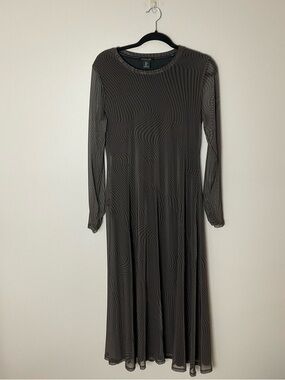 Rachel Zoe Mesh Black Brown Optical Print Midi Dress size L Boho Goth Art Chic